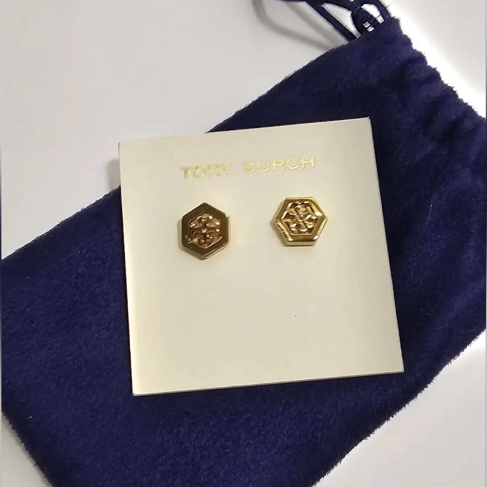 Tory Burch Gold Hexagon Logo Stud Earrings